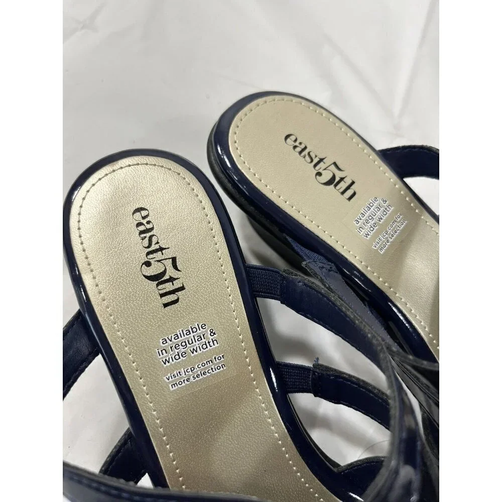 East 5th EF Eris Blue Patent Leather Slip On Open Toe Sandals Shoes size 9